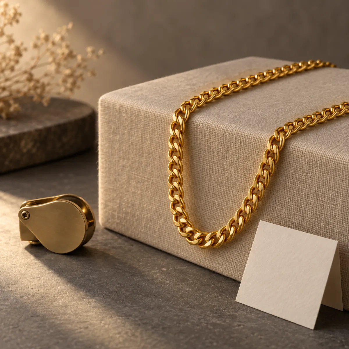 24K gold chain draped over a linen display block with a jeweler's loupe alongside