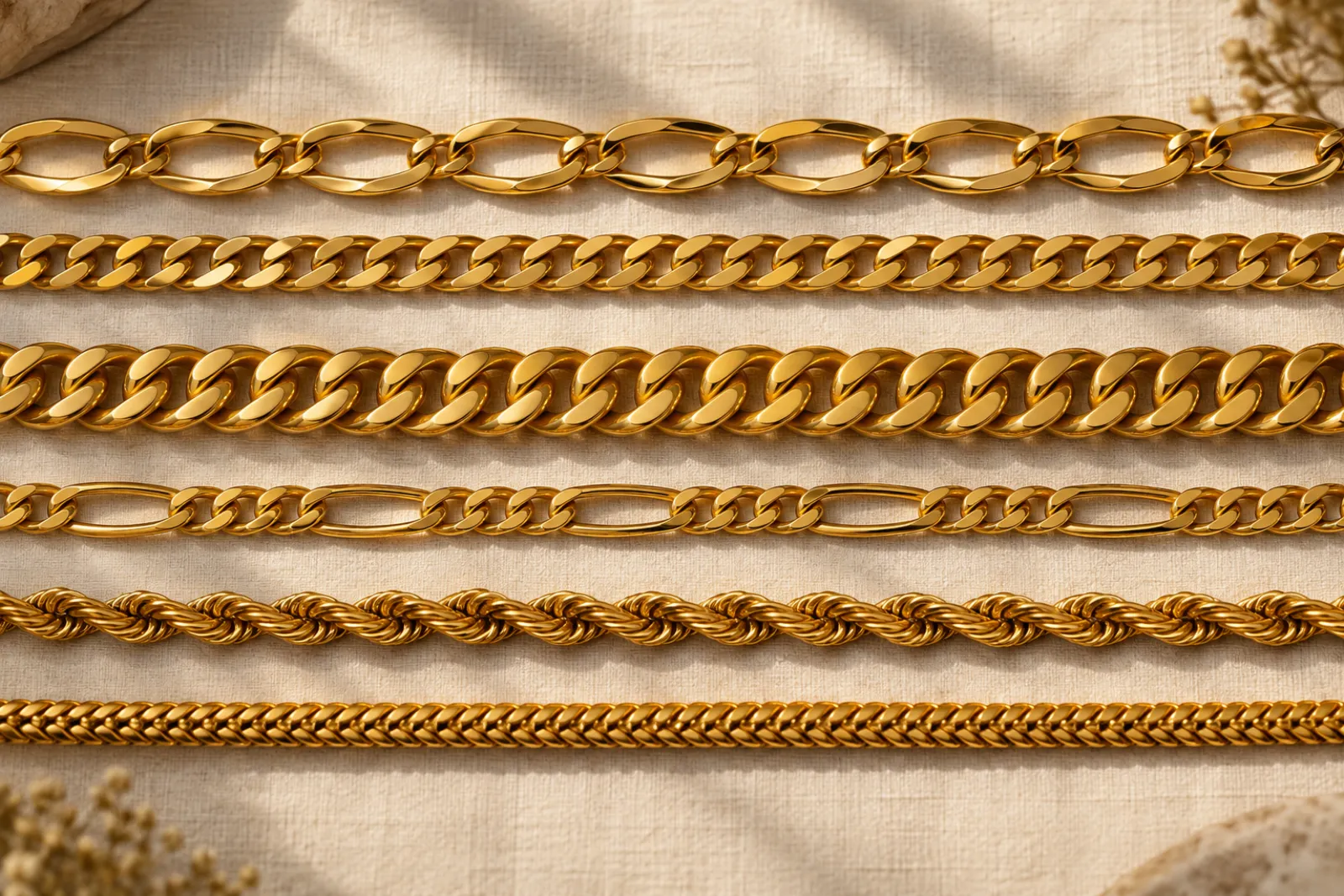 Six 24K gold chain styles laid side by side: open link, curb, Cuban, Figaro, rope and Franco