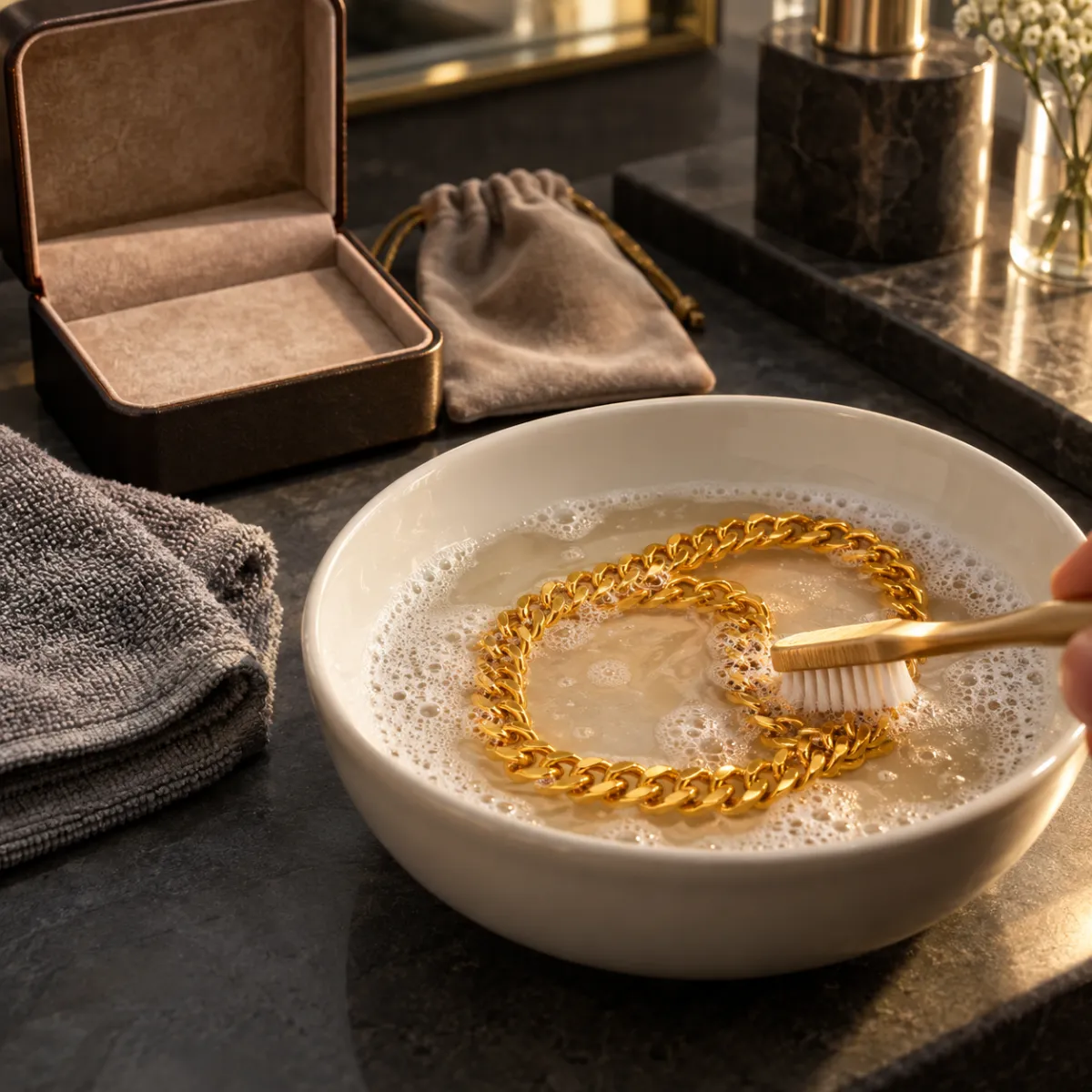 Cleaning a soft 24K gold chain with a brush and warm soapy water next to a lined storage box