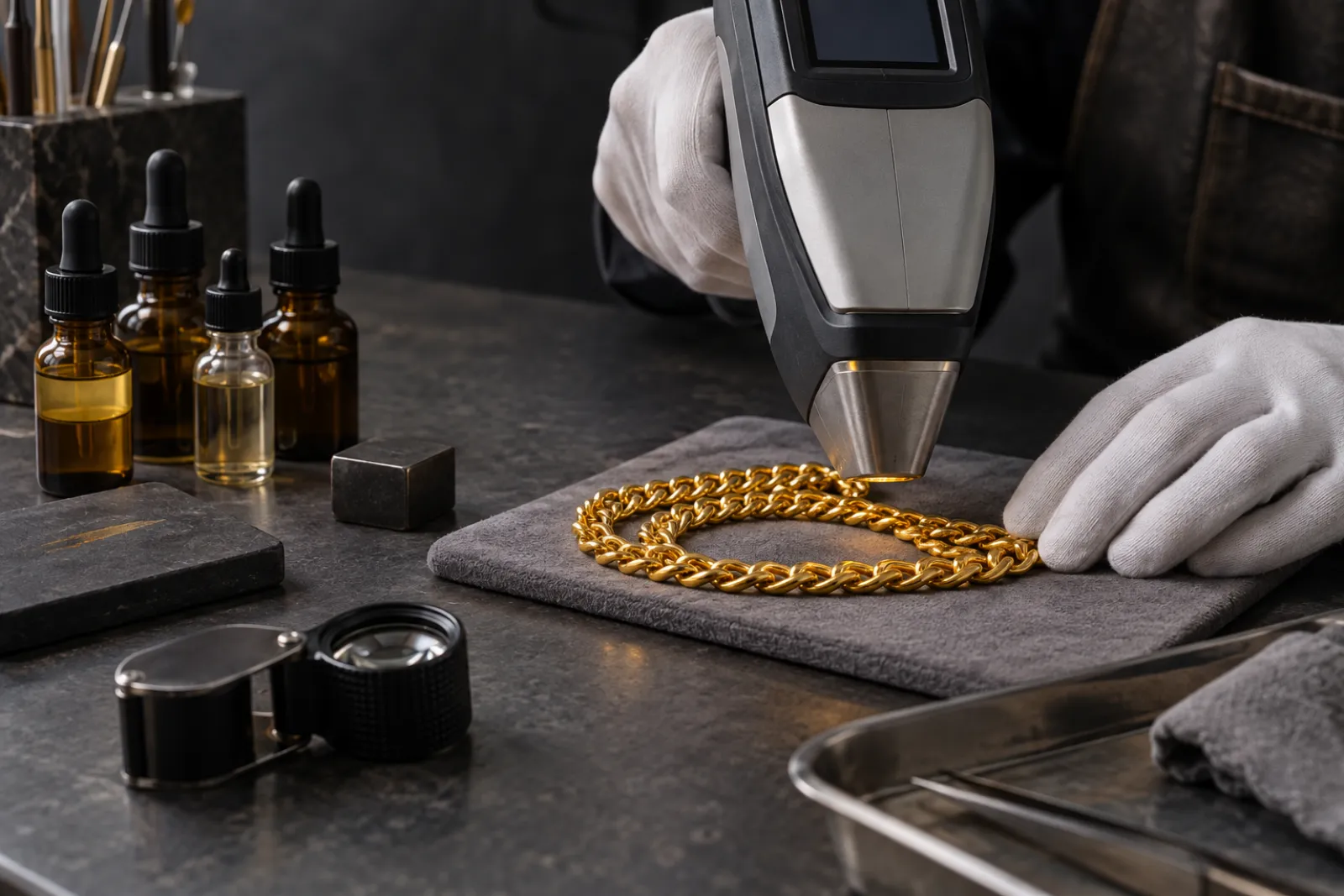 XRF analyzer, magnet, acid test kit and loupe used to verify a real 24K gold chain